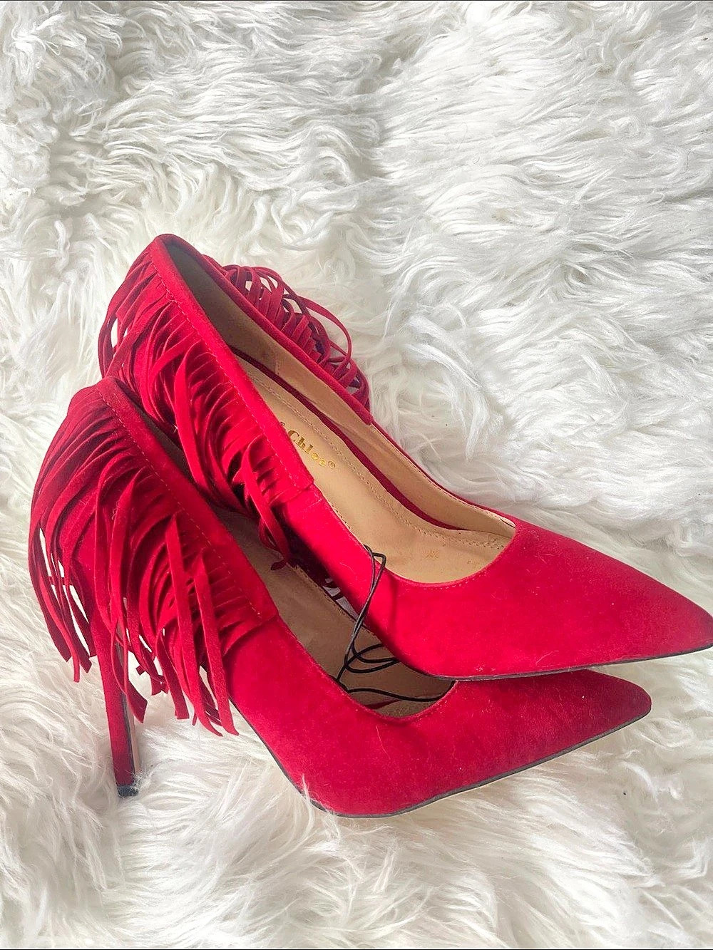 Red Fringe Pointed-Toe Heels